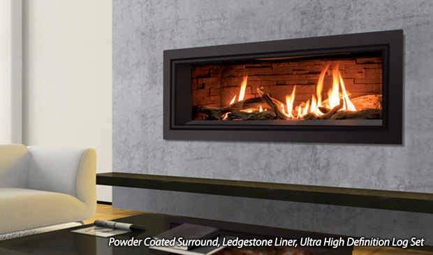Enviro C44 linear gas fireplace in a marble wall above a modern lounge