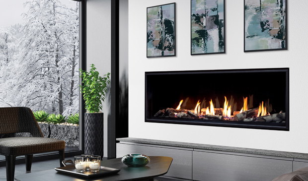 Enviro C60 Tall linear gas fireplace in a white wall with winter views