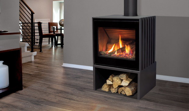 Enviro Cube gas stove with wood storage base beside a staircase