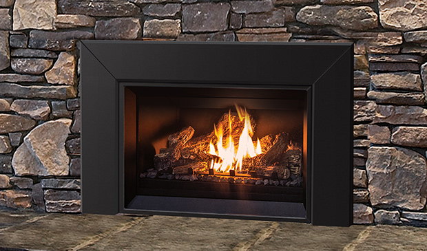 Enviro E25 insert set in a ledgestone fireplace
