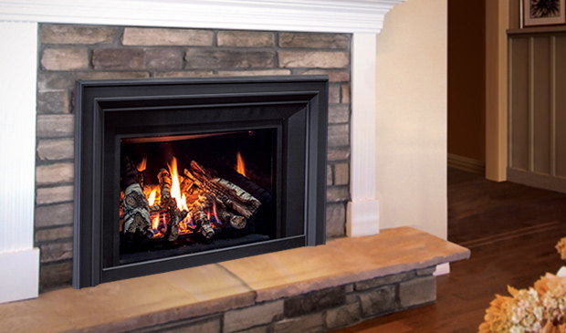 Enviro E30 gas insert in a craftsman stone fireplace with timber mantel