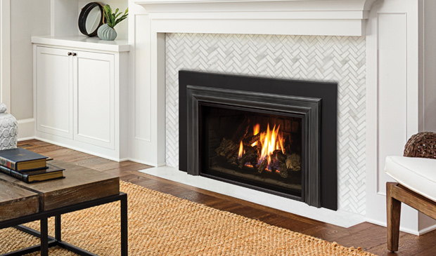 Enviro E33 gas insert between white built-in cabinets