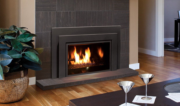Enviro E33 insert in a classic mantel beside a house plant