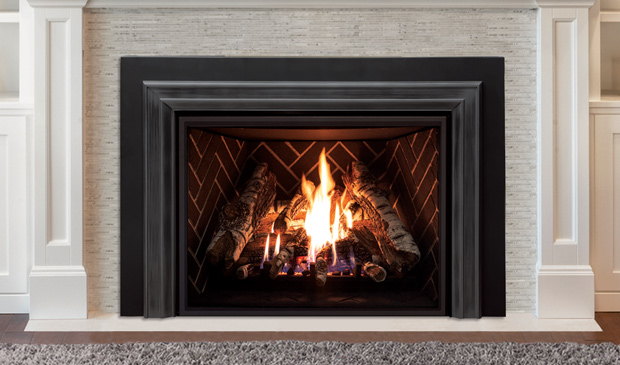 Enviro E44 gas insert with herringbone liner in a white mantel