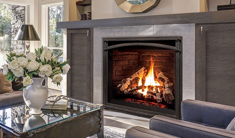 Enviro G42 gas fireplace in an elegant lounge with a mirrored table