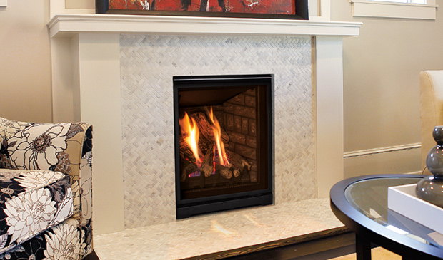 Enviro Q1 gas fireplace in a classic marble mantel