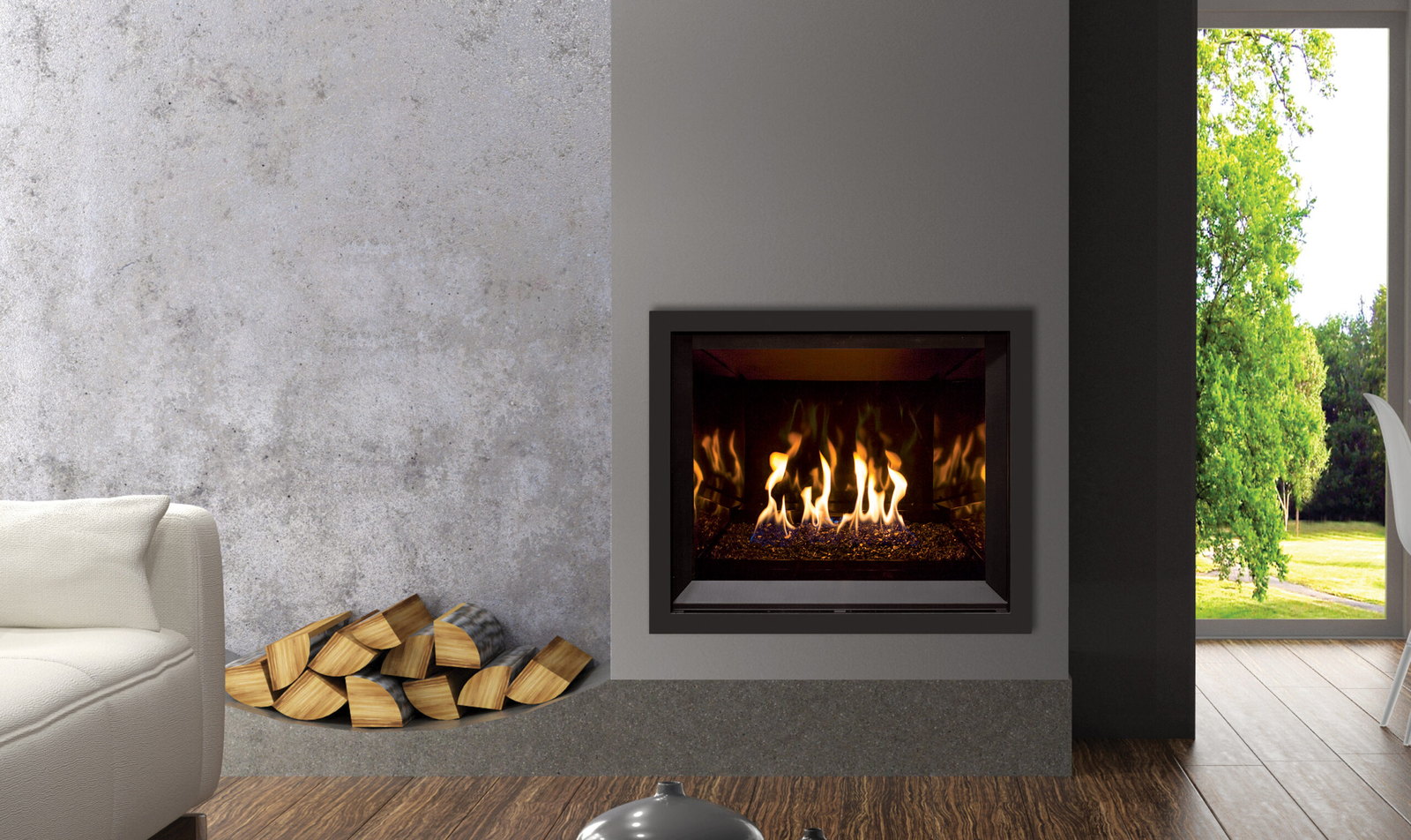 Enviro Q2 in a plaster wall beside stacked firewood and open garden doors