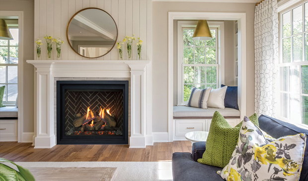 Enviro RZ41 gas fireplace in a white mantel beside a window seat