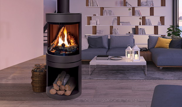 Black Enviro S50 with wood storage in a lounge with a full book wall