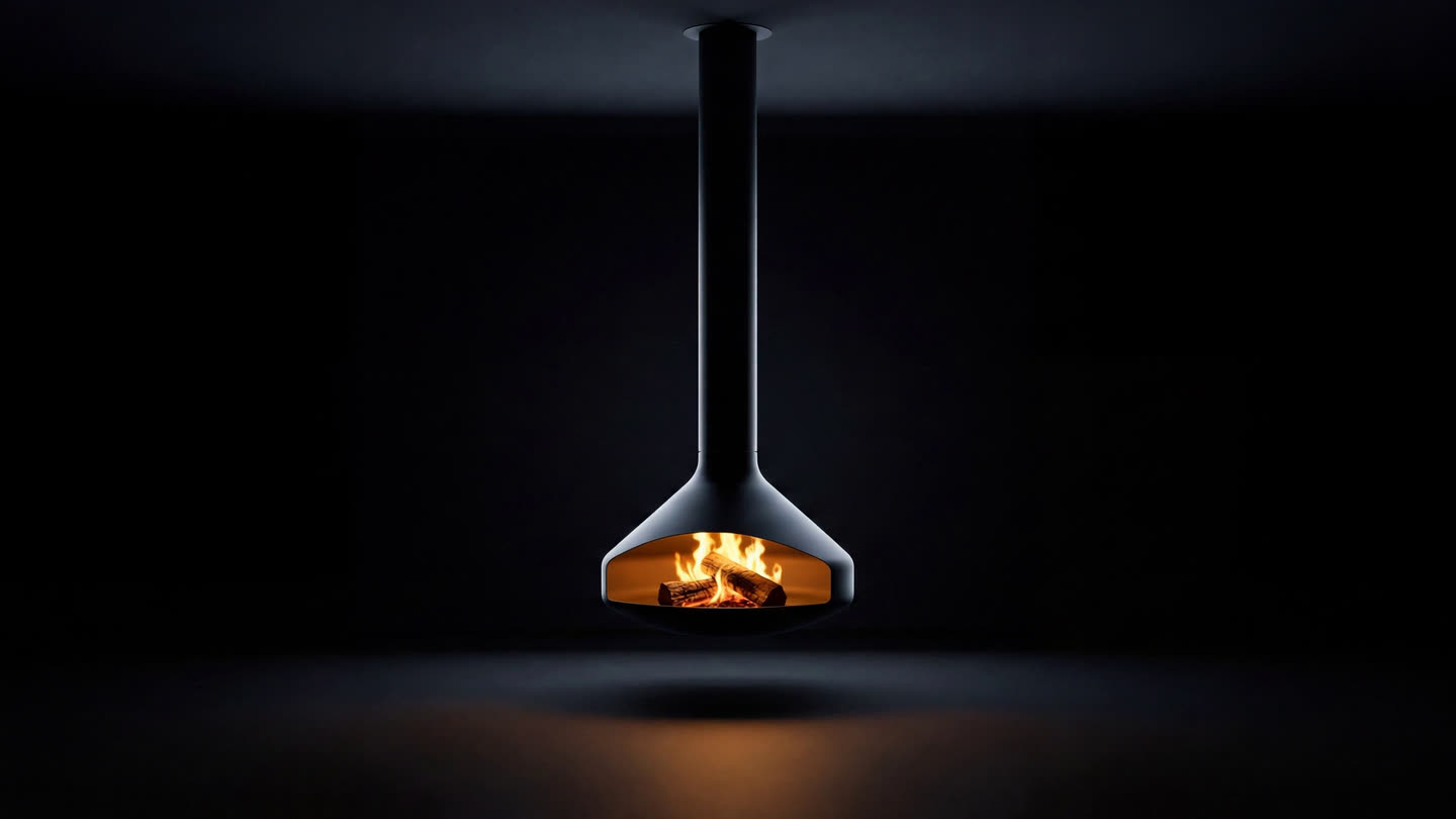 The Focus Ergofocus Holographik, a matte black fireplace suspended from its ceiling flue, turning as it burns