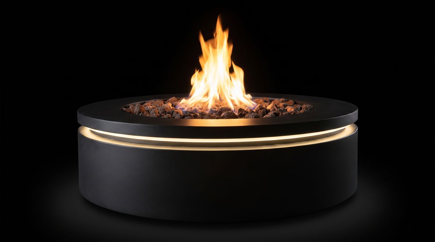 Halo Fire Pits burning, photographed on black