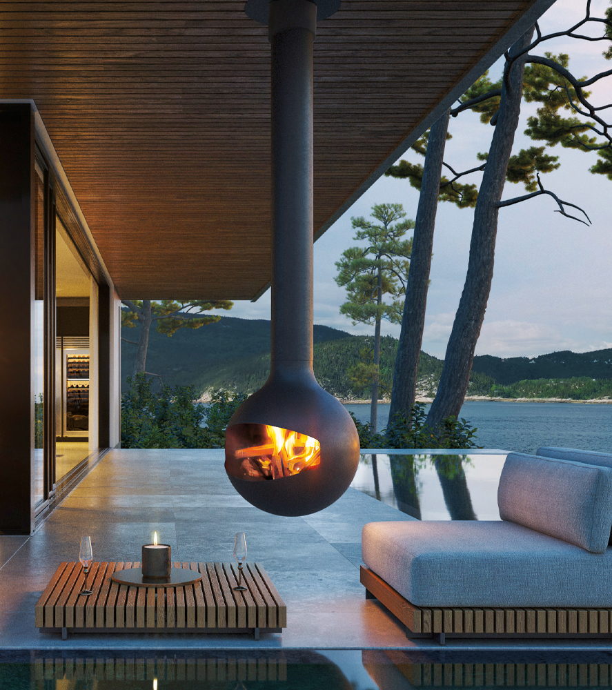 Bathyscafocus burning on a covered seaside terrace above an infinity pool