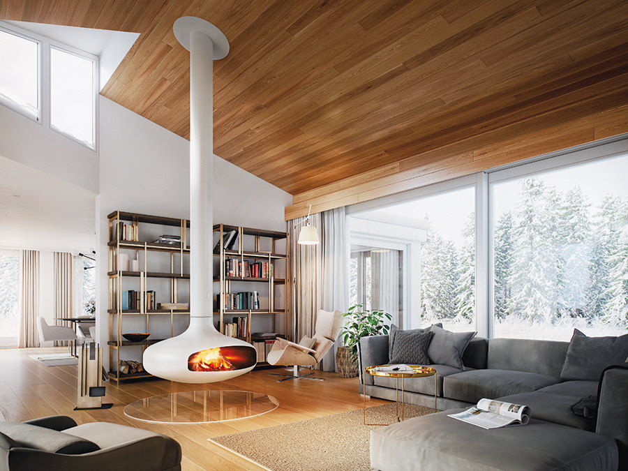 White Domofocus hanging in a winter lodge living room with snowy forest views