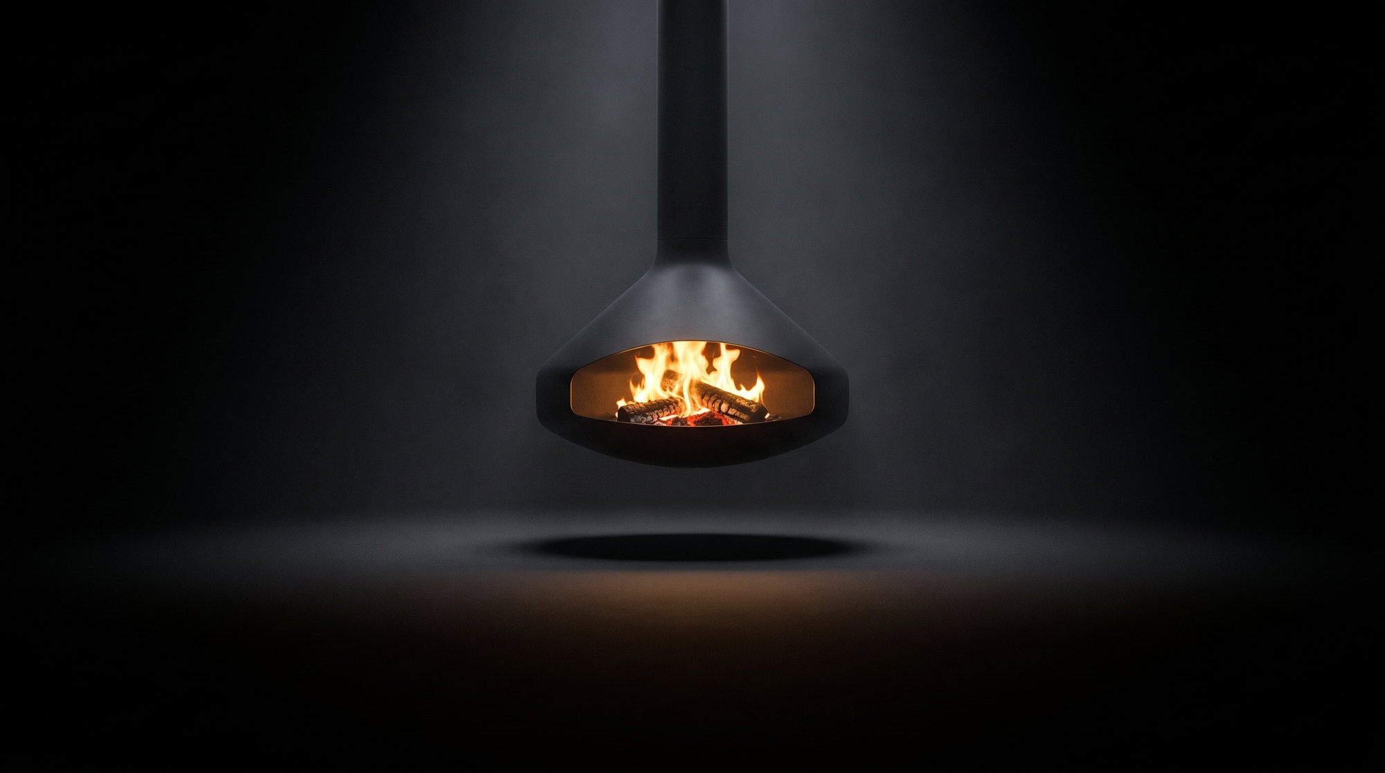 The Ergofocus face on: the rounded firebox window with its log fire, steel cheeks each side