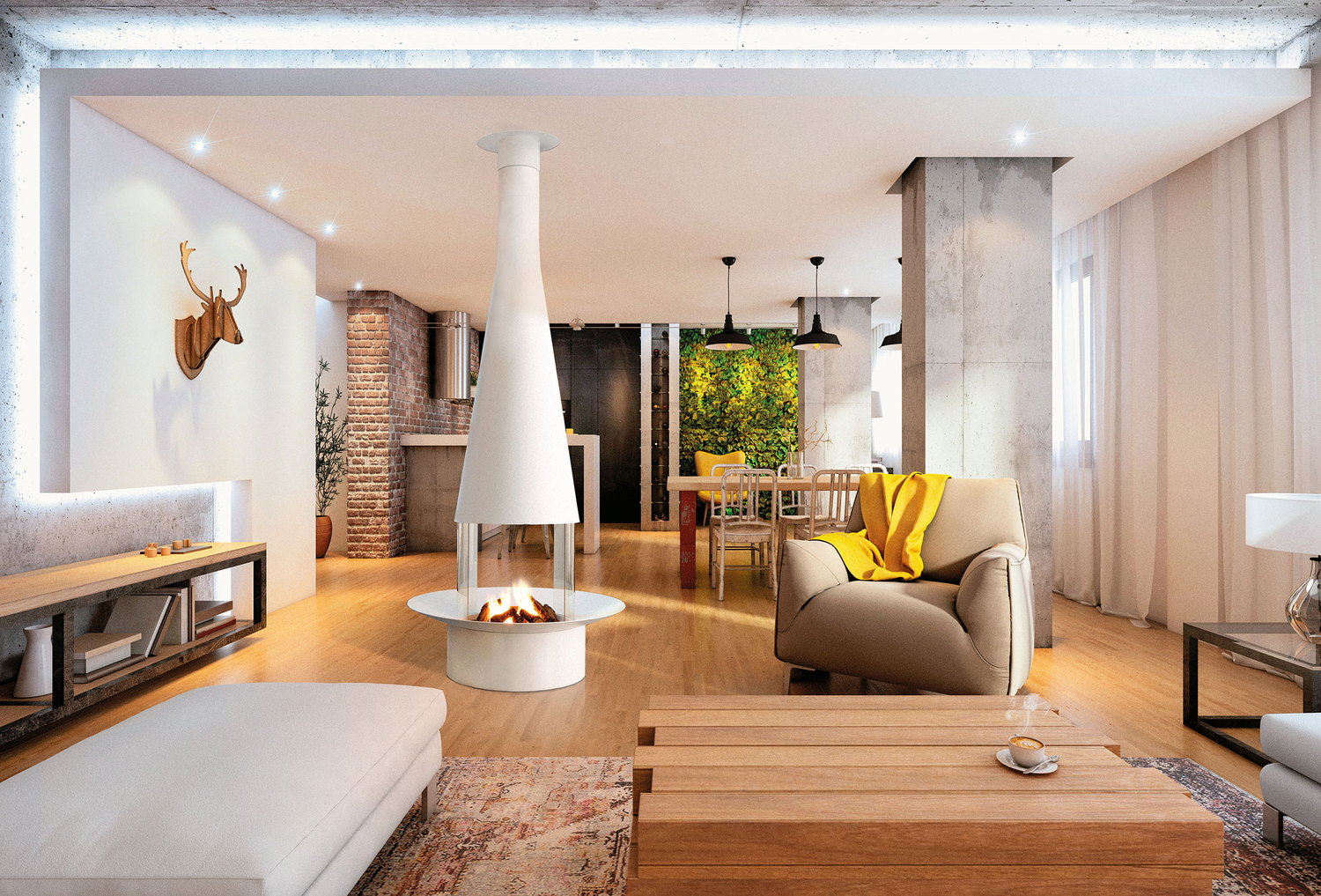 A white Filiofocus 1600 gas alight in a loft with brick piers, a living wall and pale curtains