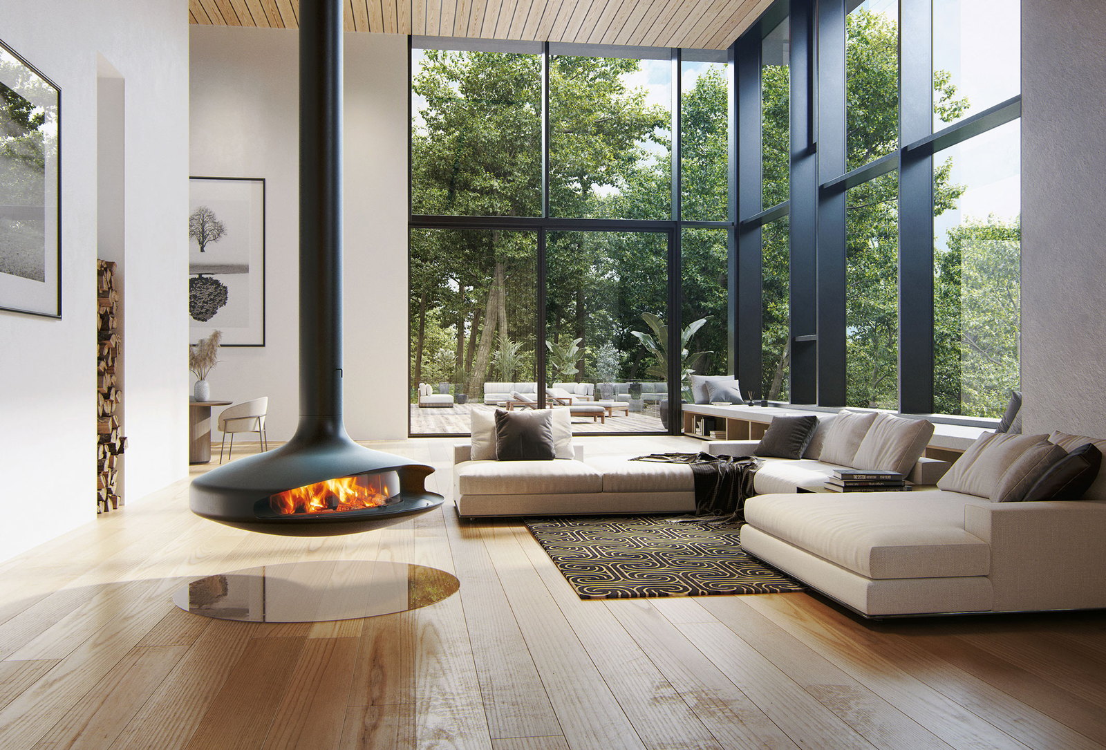 Black Gyrofocus suspended fireplace hanging mid-room in a bright living room with tall forest-view windows