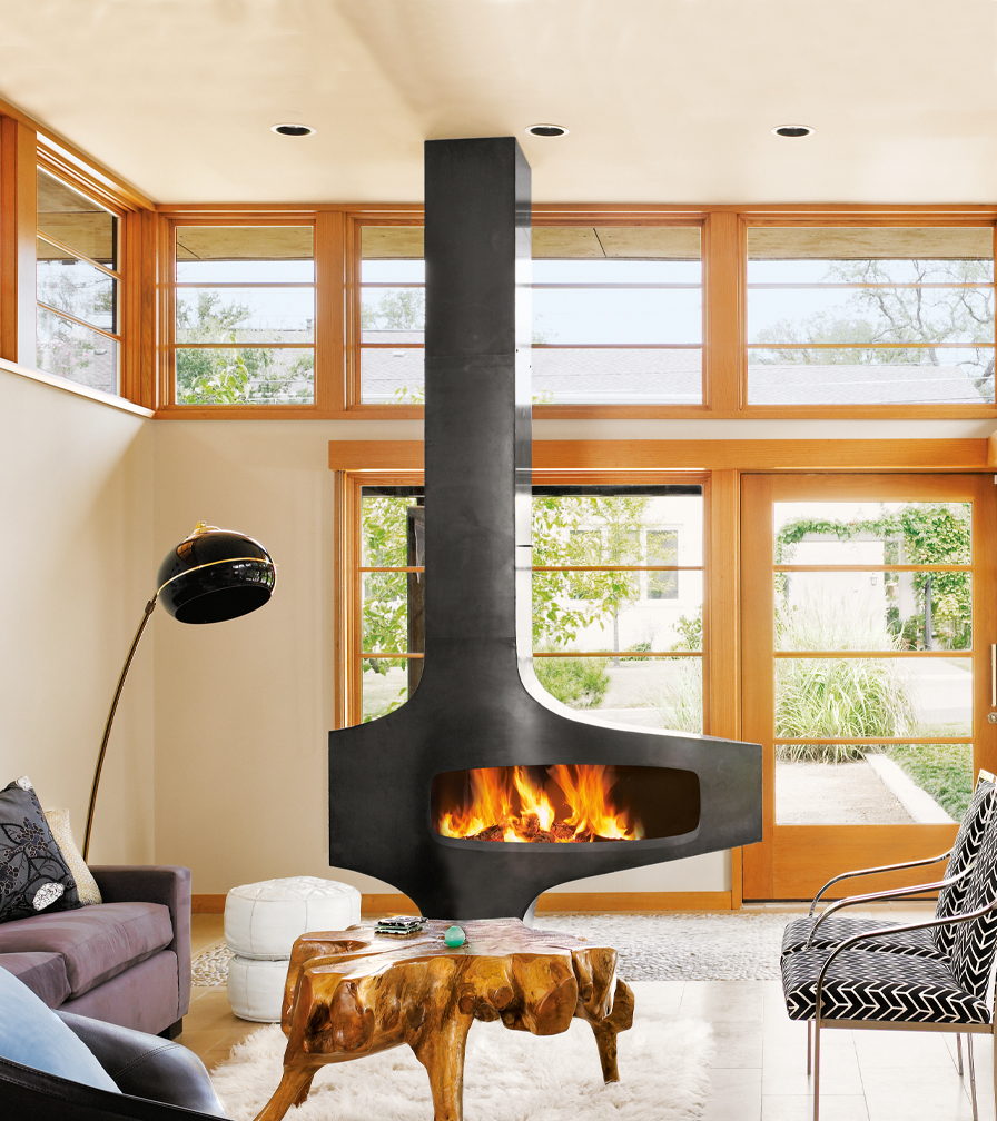 Heterofocus burning in a timber-framed room, its offset hearth wide open