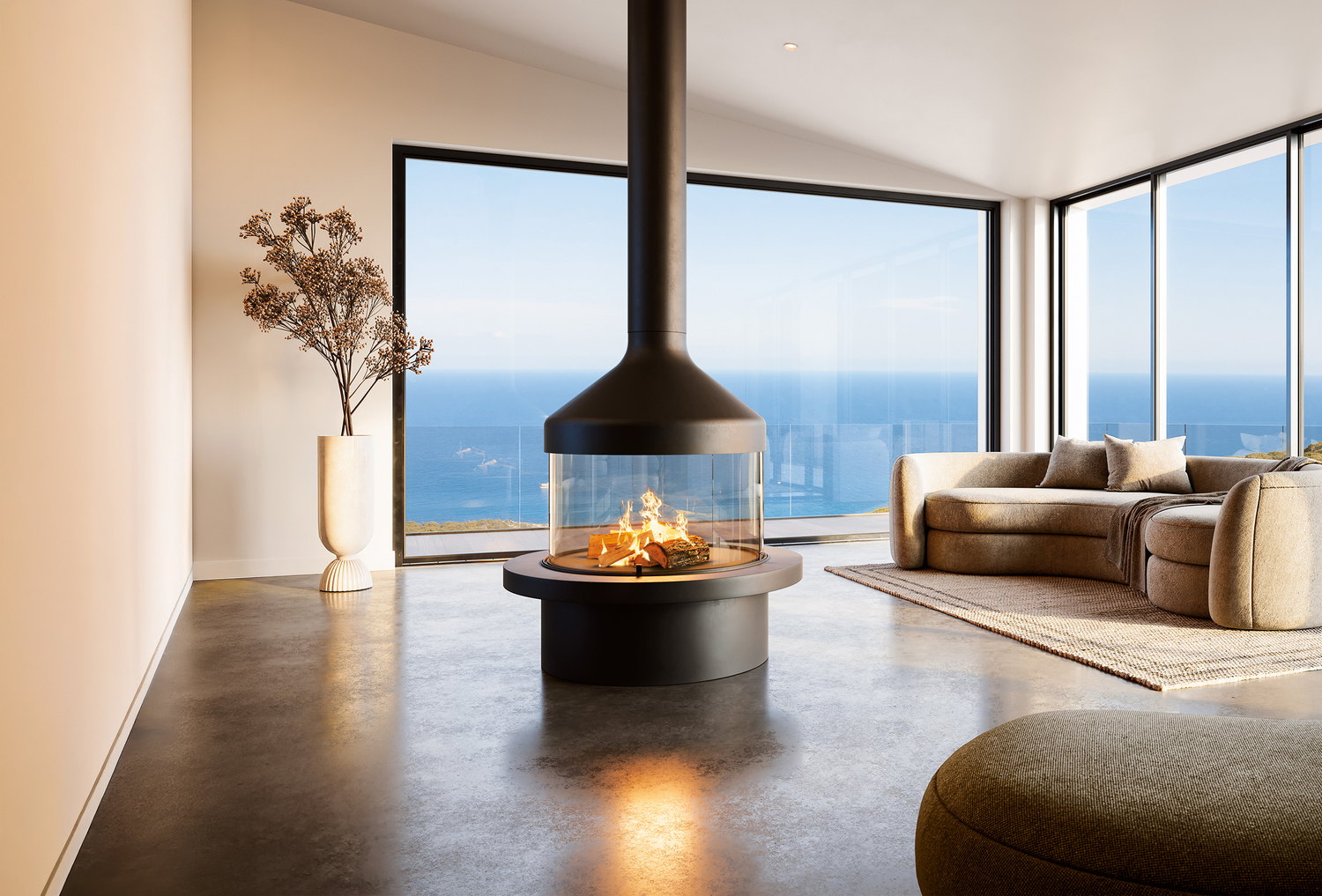 Meijifocus gas burning on its drum in a concrete-floored room open to the sea