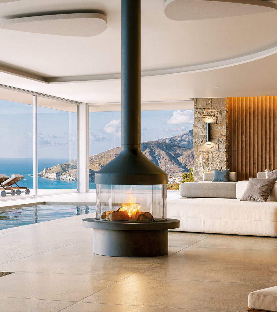 Meijifocus burning logs behind its glass ring in a curved room over the sea