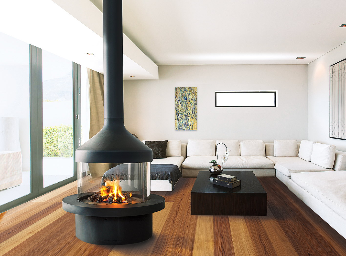 Meijifocus wood alight in a white room with a dark timber floor and a long low sofa