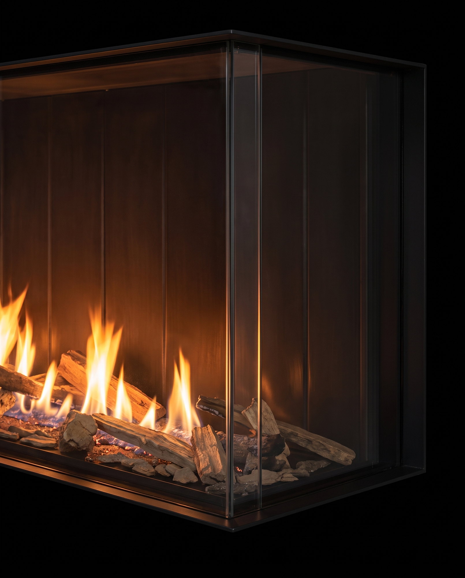 The glass-to-glass corner, fire behind both panes