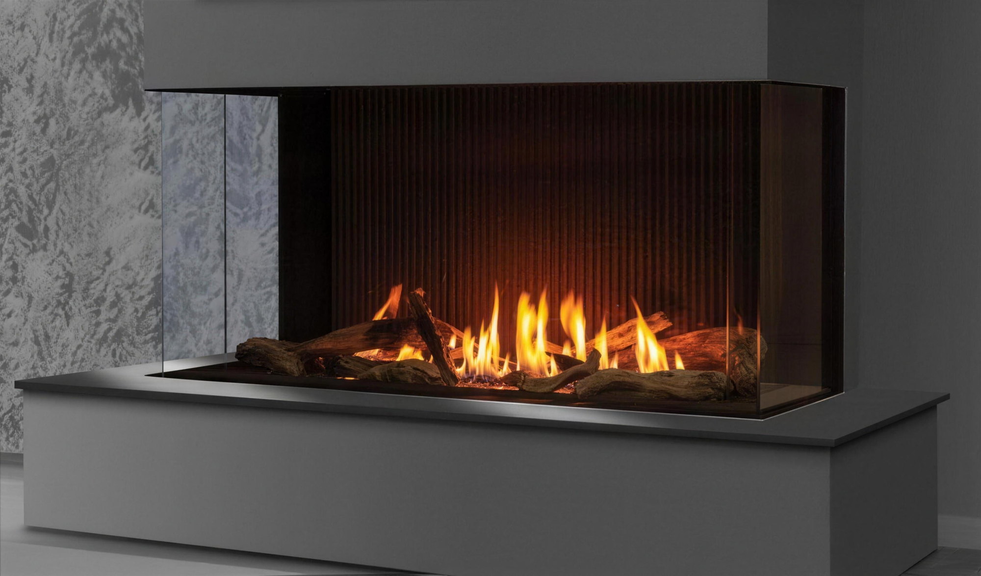 Urbana’s own render of the U50 Tall Bay — three-sided glass, driftwood fire