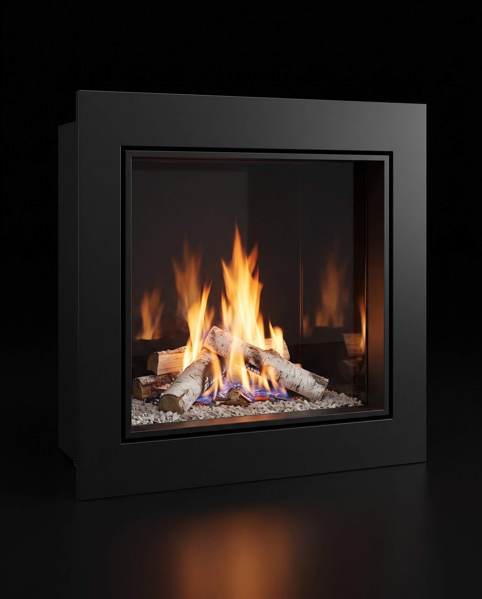 The U33 at a slight angle on the black void — one flat window, flames reflected in the glass