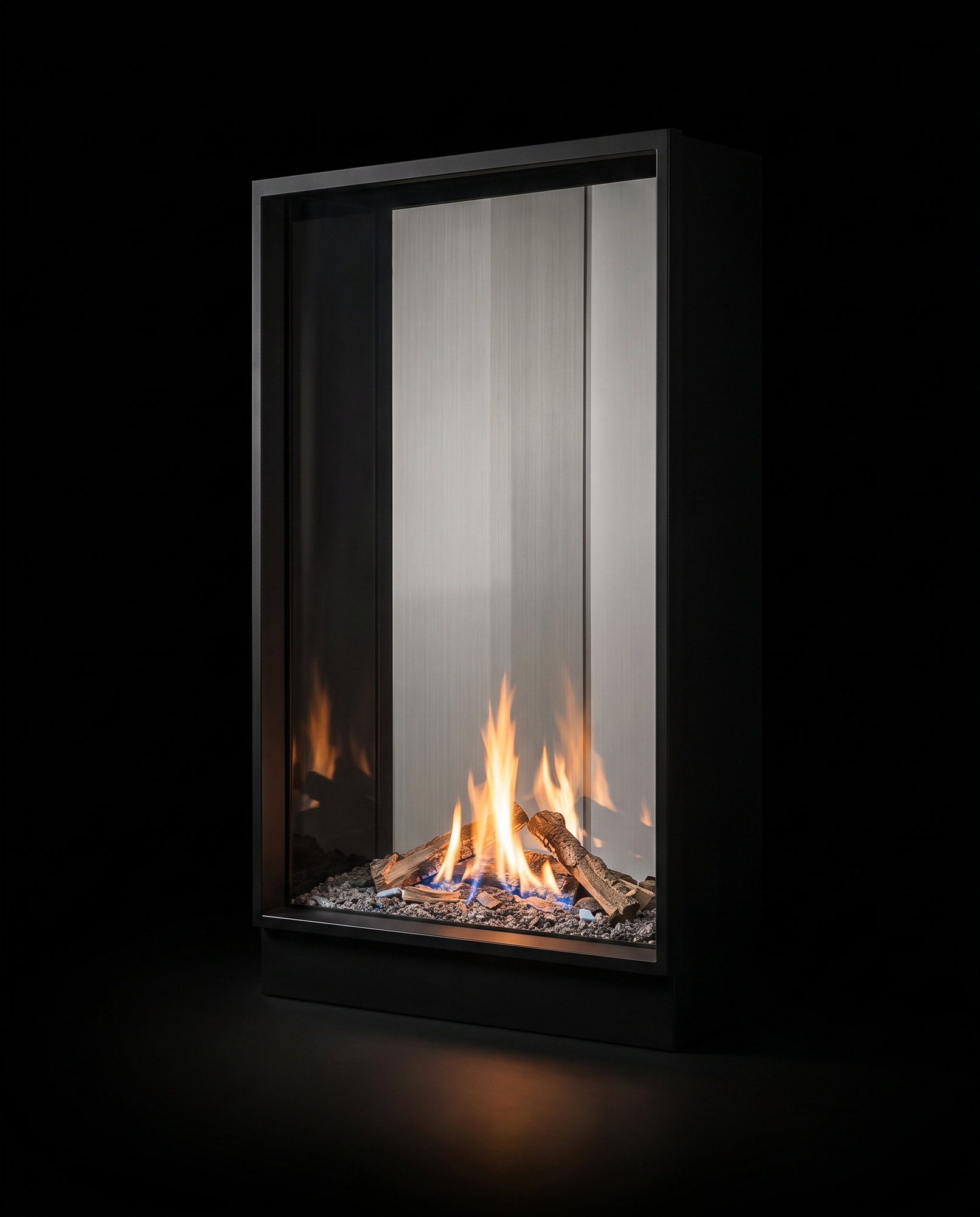 The U33 Tall at a slight angle on the black void &mdash; the tall window carrying a long flame reflection
