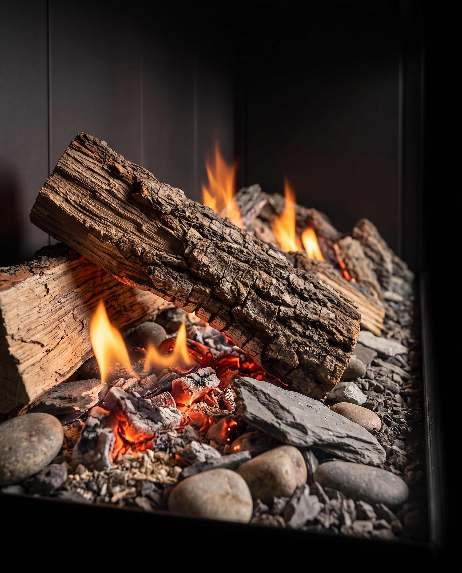 The U50 Bay&rsquo;s split logs over shale slabs and river stone, embers glowing