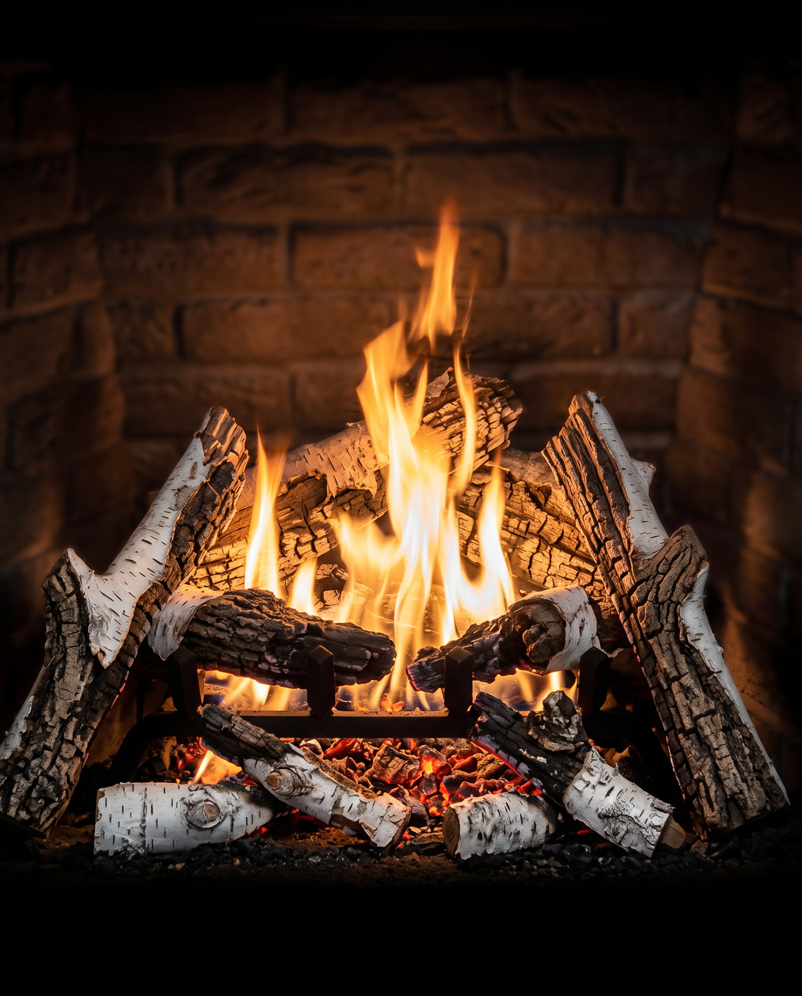 The U37’s birch and oak logs on their grate, embers glowing below
