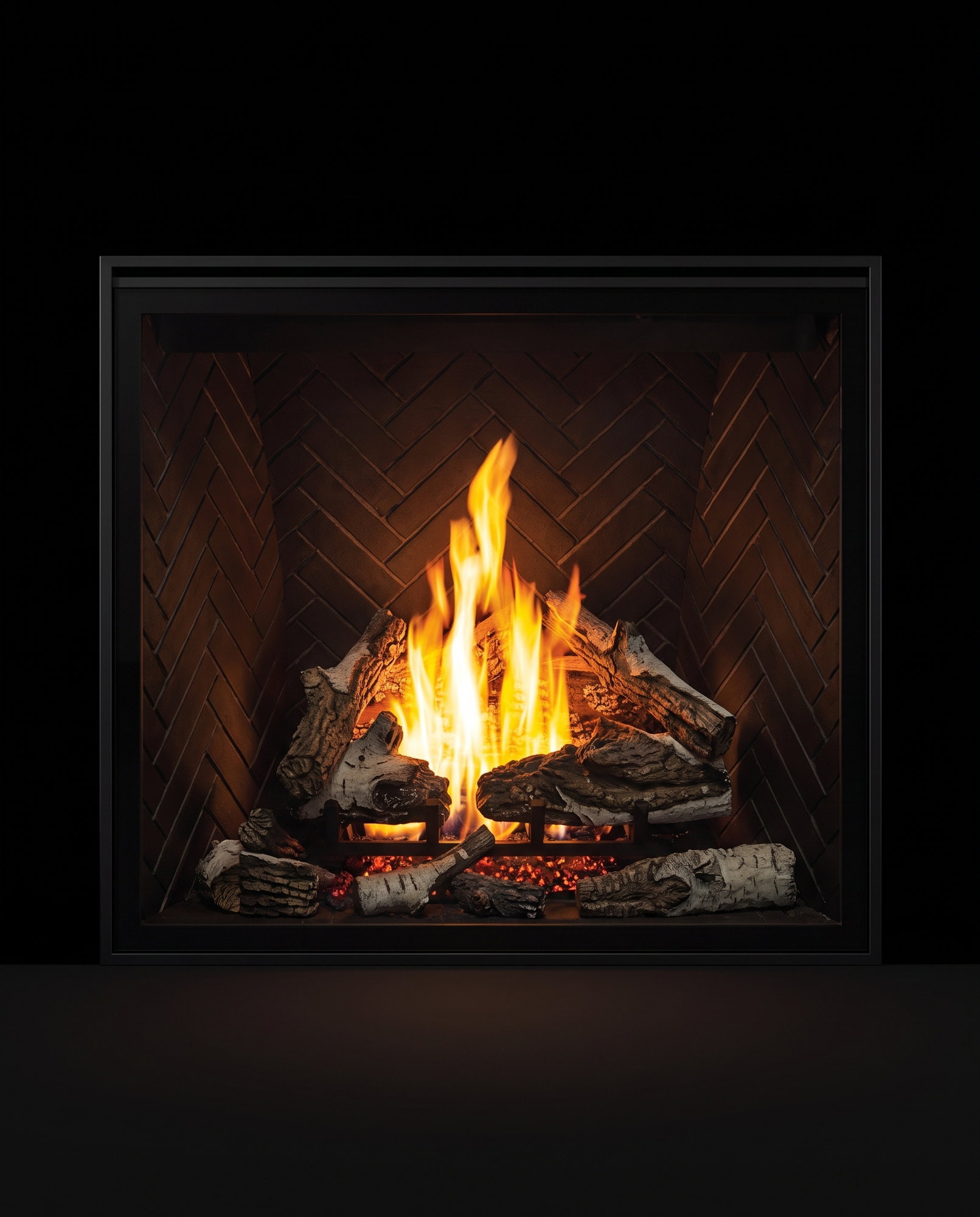 The U44&rsquo;s clean face straight on &mdash; log fire on dark herringbone brick