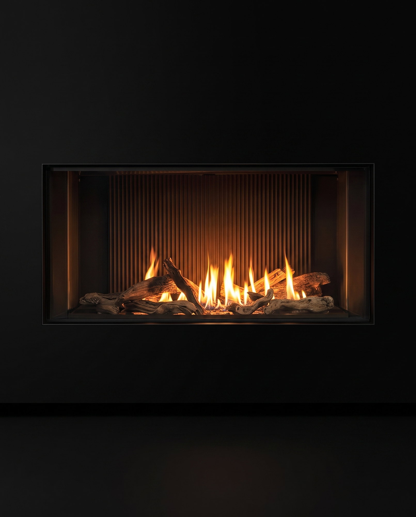 The U50 Tall Linear straight on &mdash; the tall seamless sheet over driftwood and flame