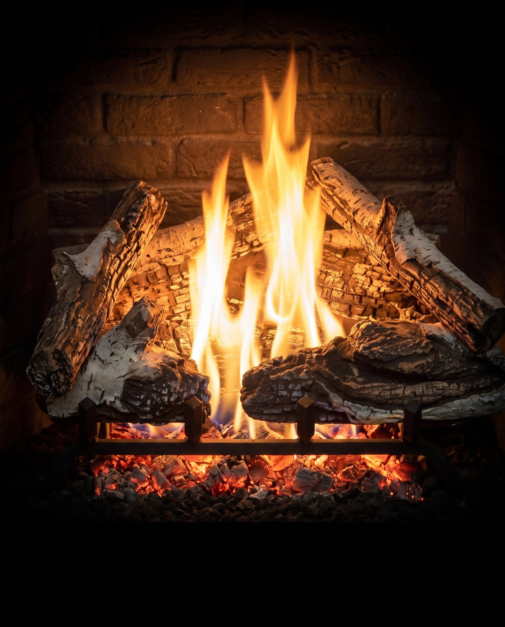 The U44 Outdoor&rsquo;s birch logs on the rest, ember bed glowing below