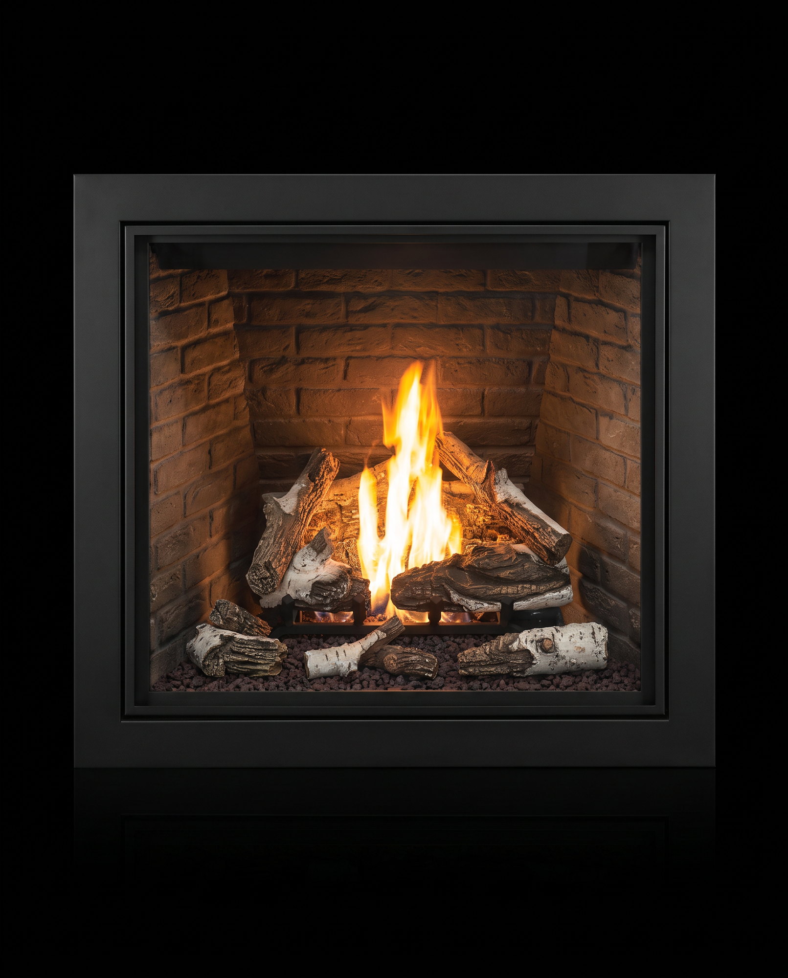 The U44 Outdoor straight on &mdash; birch and oak burning in the brown brick box