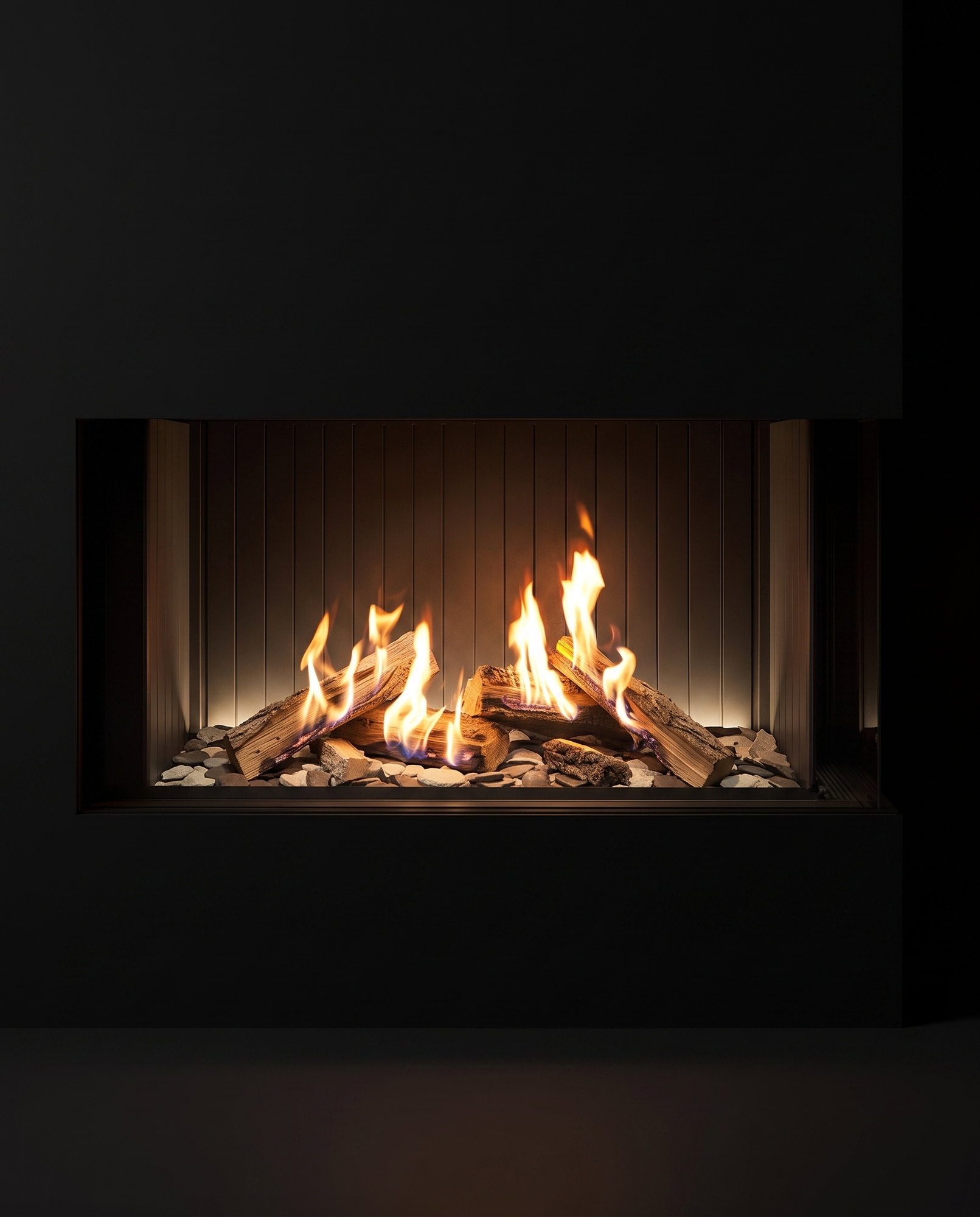 Inside the U50 Tall Ultra — the slat liner washed in warm light over the split-log fire