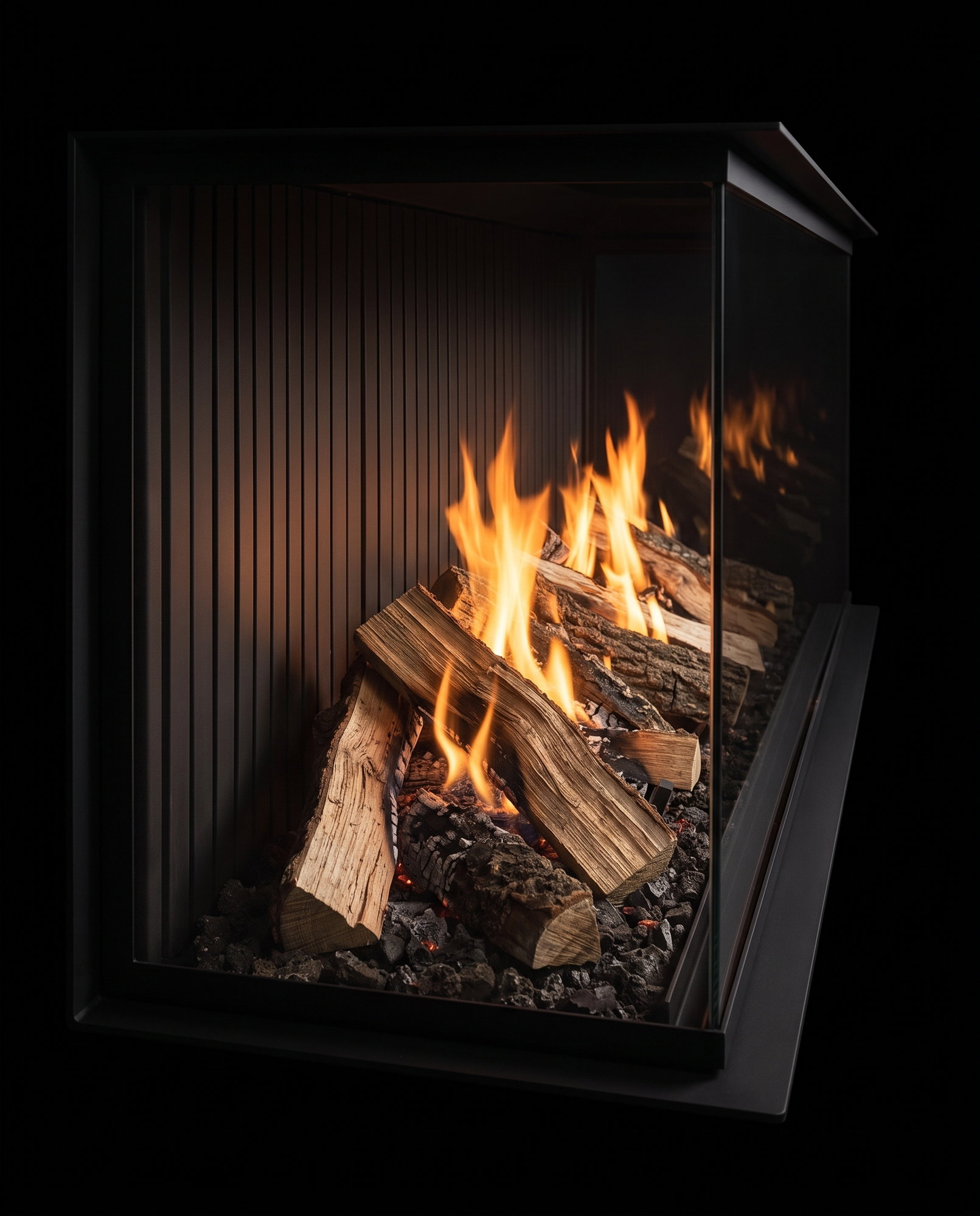 Down the U70 Tall Ultra’s firebox — split oak and char receding along the seventy