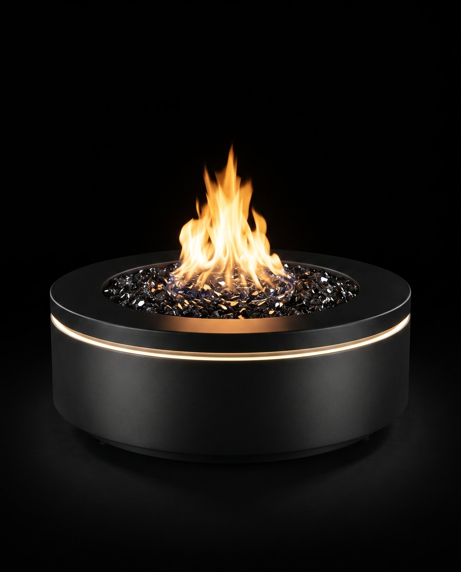 The Halo 47R &mdash; the large black steel drum with crushed black glass media glinting under the flame