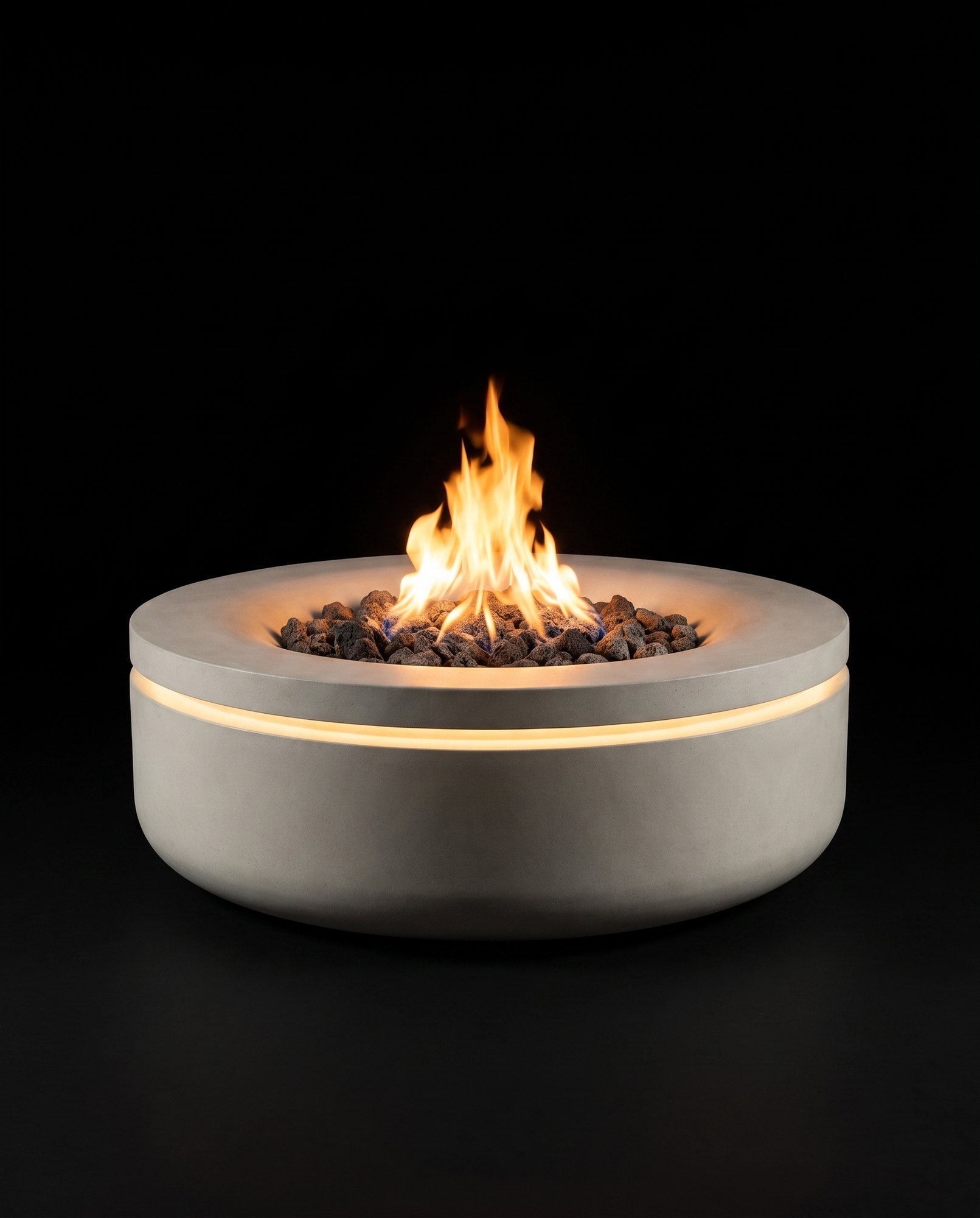 The Halo 41R Concrete &mdash; one monolithic pale concrete drum, lava rocks, LED ring