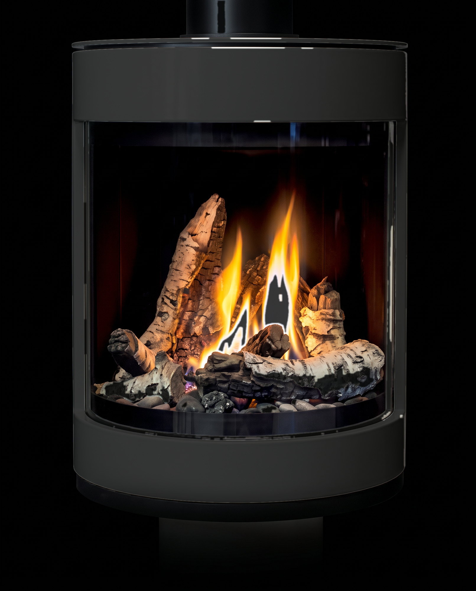 The S50&rsquo;s curved glass dead-on in Carrara White &mdash; birch-white logs over river rock