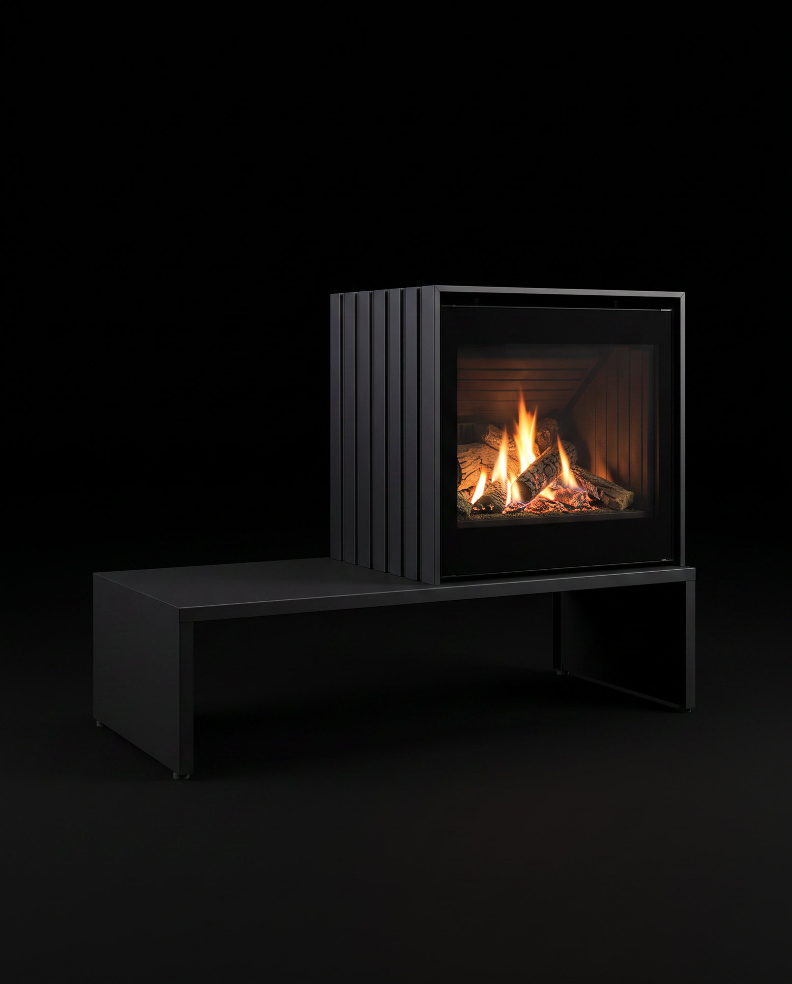 The complete Cube on its long bench at a gentle angle, fluted side showing