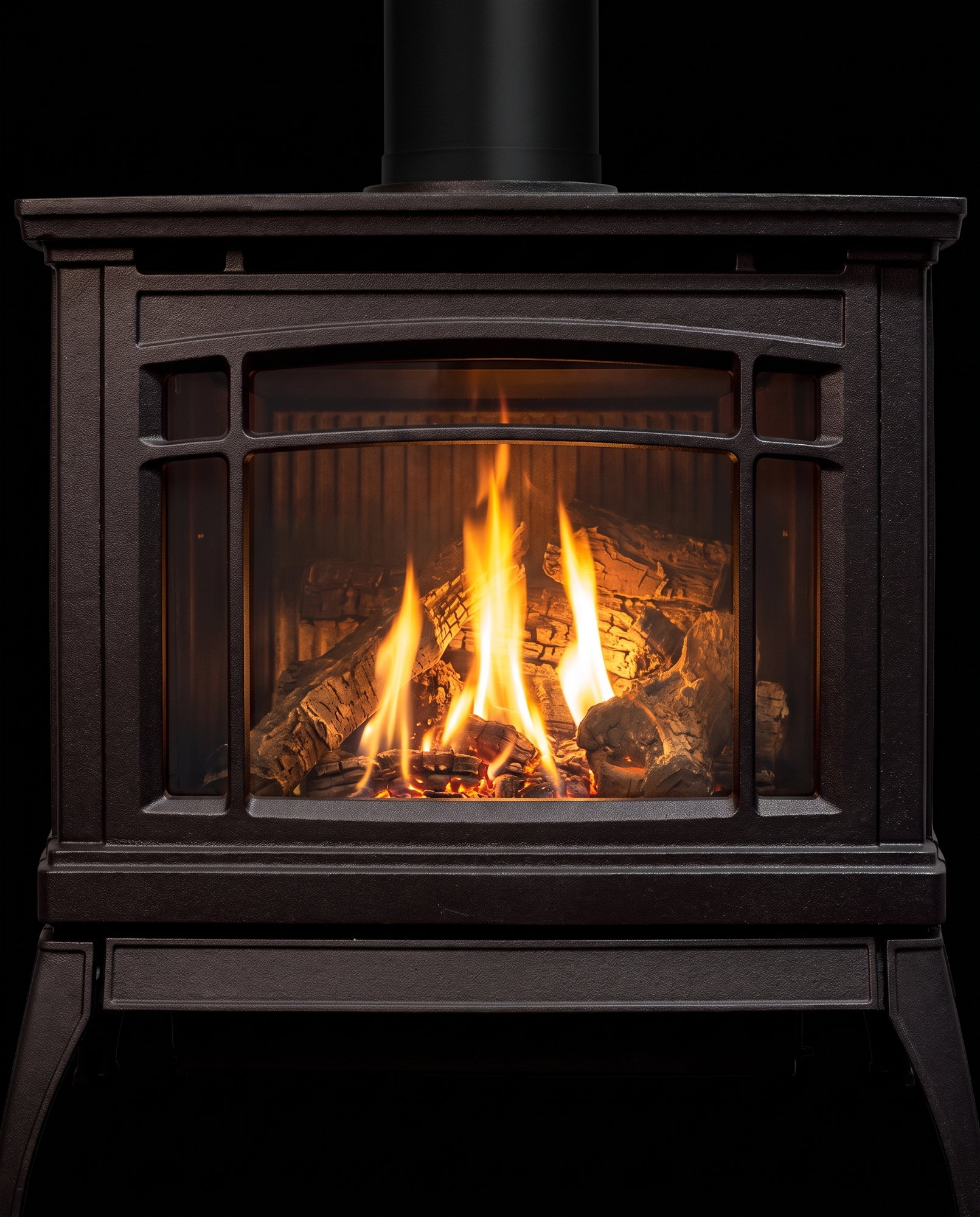 The Westley’s arched glass dead-on — corner grille bars over an ultra high definition log fire