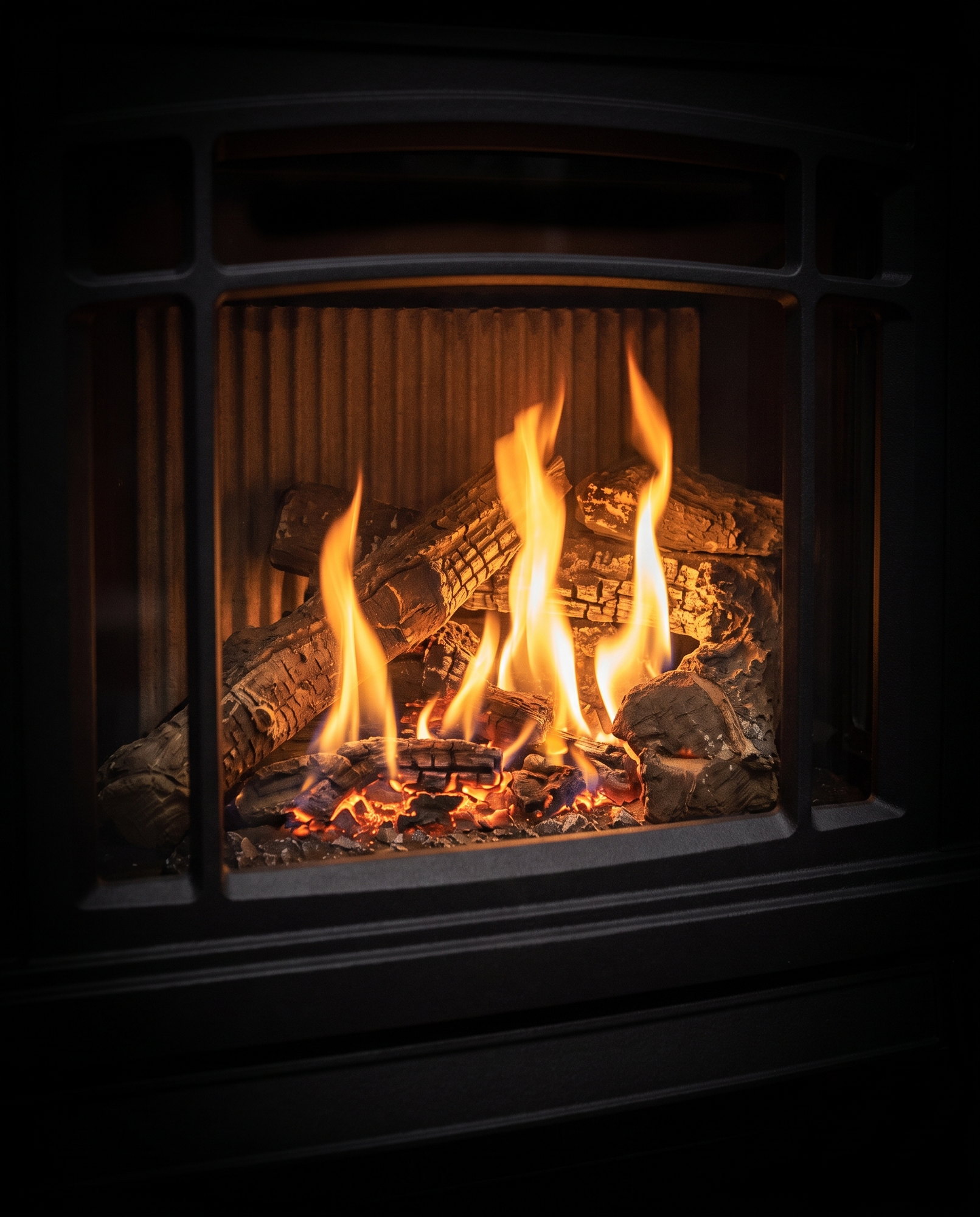 The Westley’s log set over its ember bed, up close through the glass