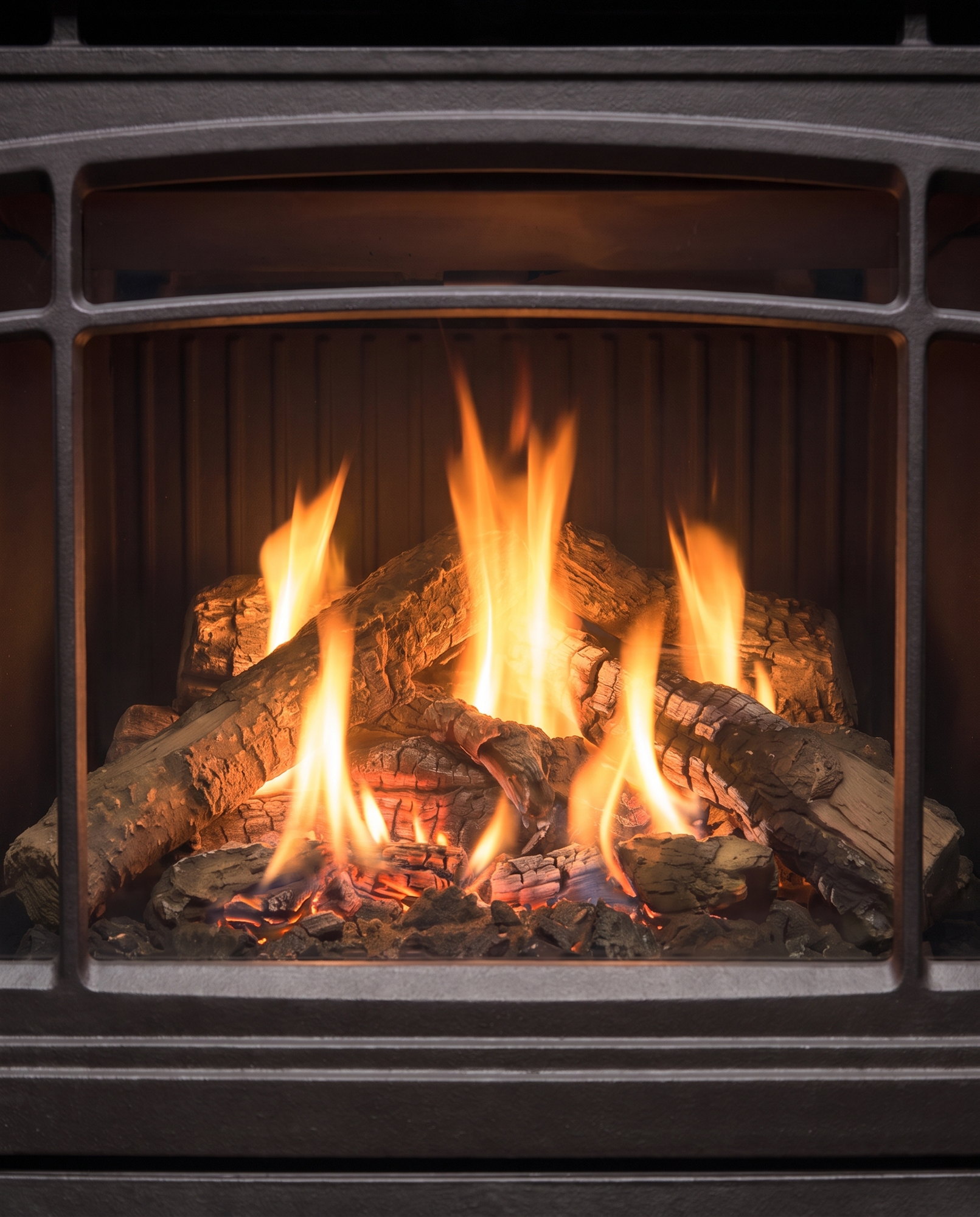 Inside the Berkeley’s firebox — logs over embers behind the arch, grille bars at the frame edges