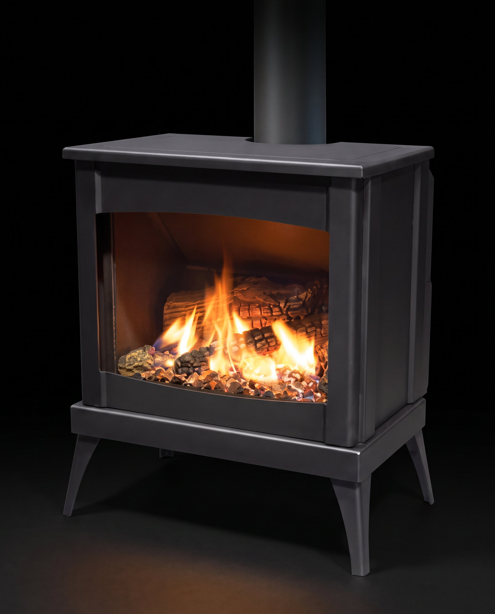 The complete Westport Steel at a gentle angle &mdash; one clean sheet of glass, no grille, splayed steel legs