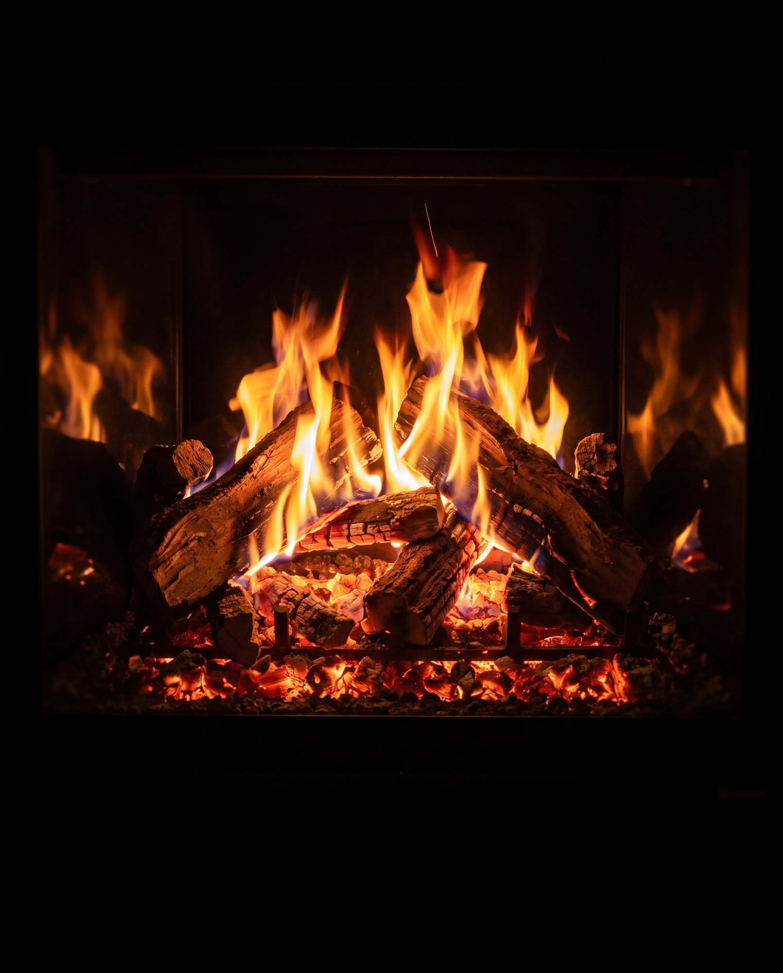 The RZ41’s under-log fire up close — embers and flame between the splits