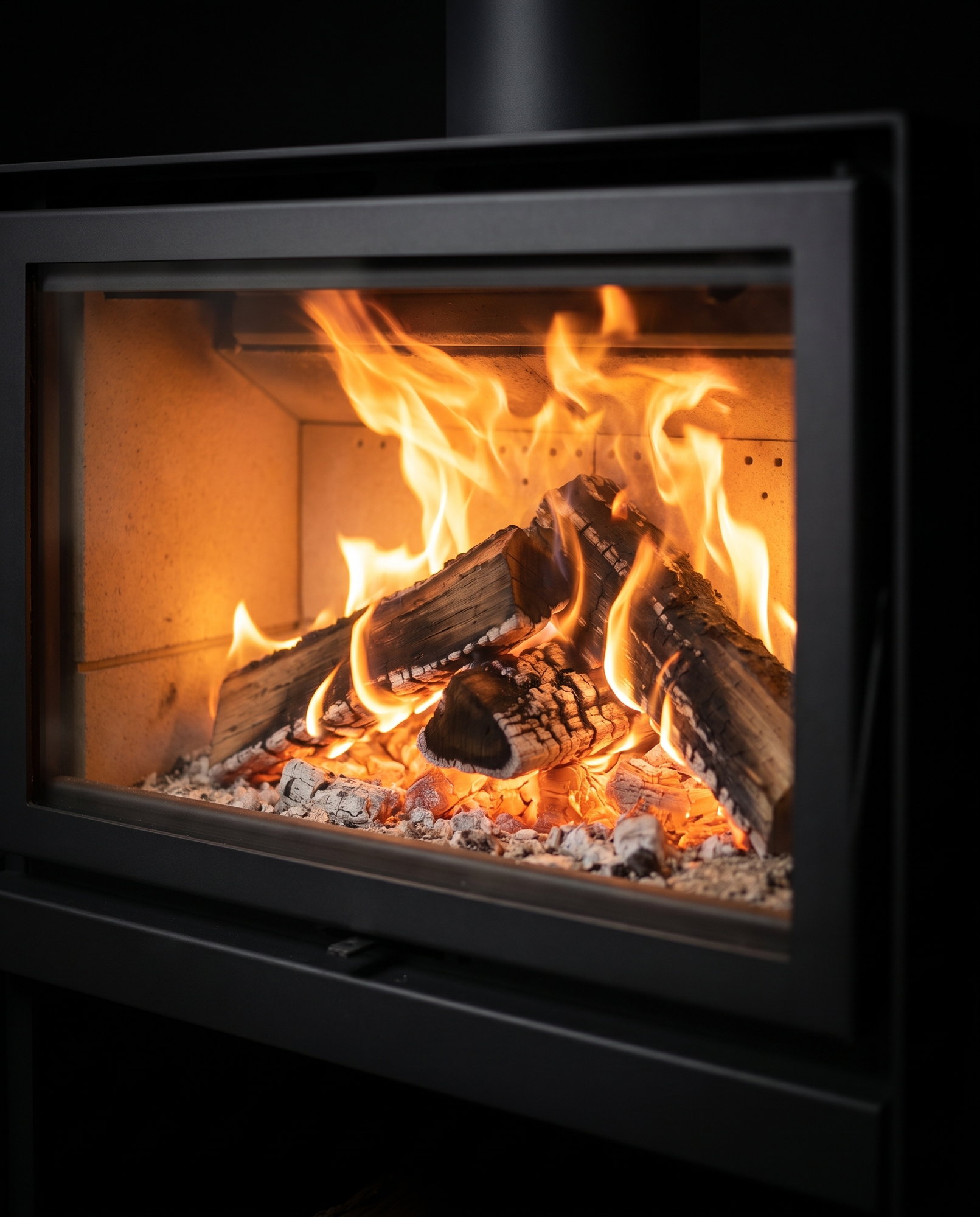 The 16’s split-log fire on the firebrick