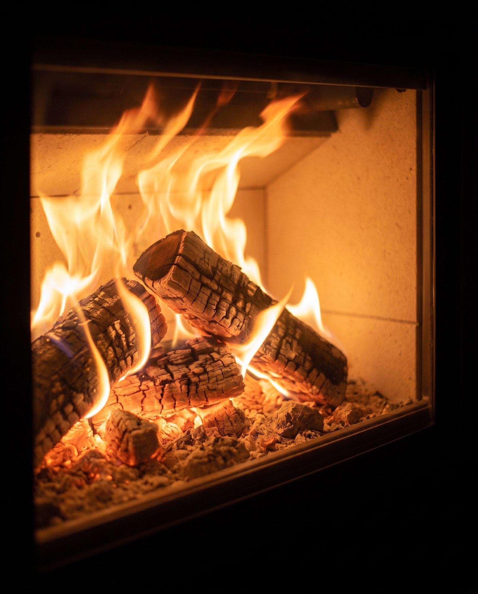 The 16-in’s split-log fire on the firebrick