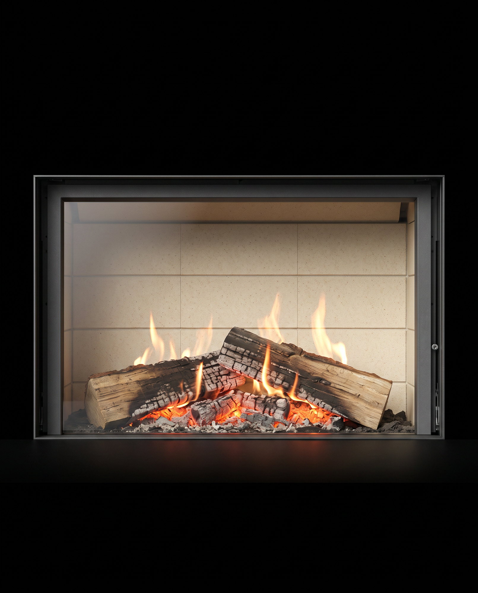 The 21’s glass bottom edge — no frame, embers behind