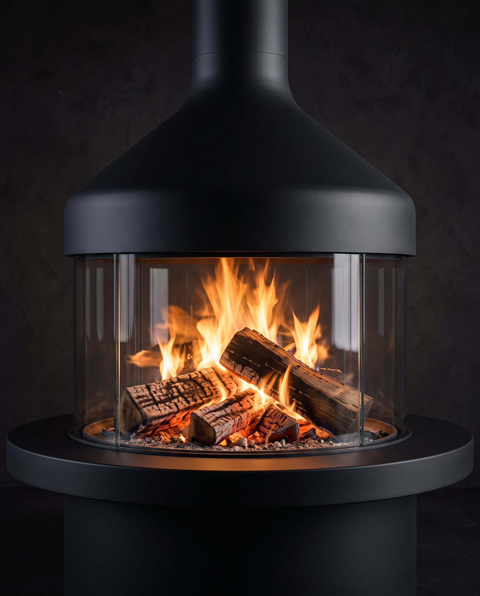 The Meijifocus glass ring head-on, split-wood fire inside