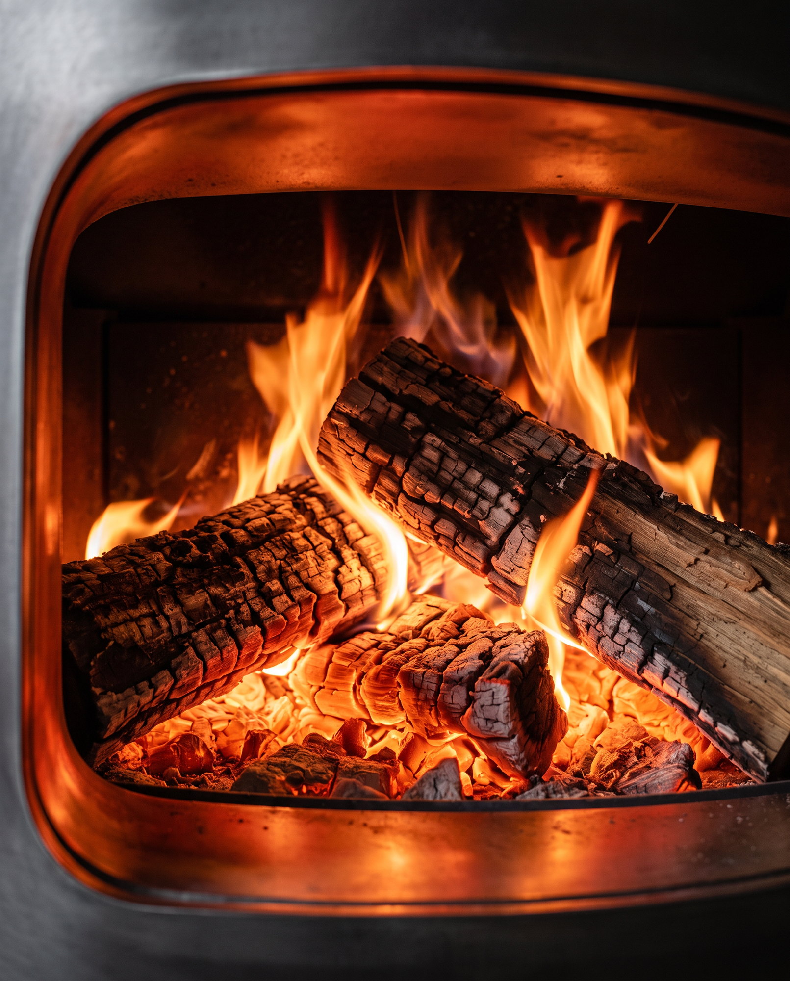 Split hardwood burning behind the Heterofocus opening, embers below